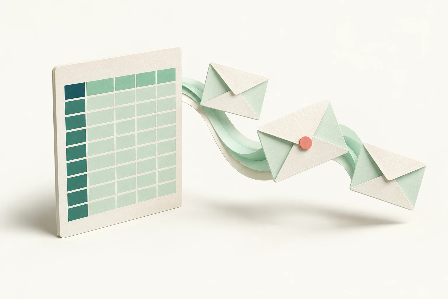 A paper spreadsheet becoming a stream of individual envelopes.