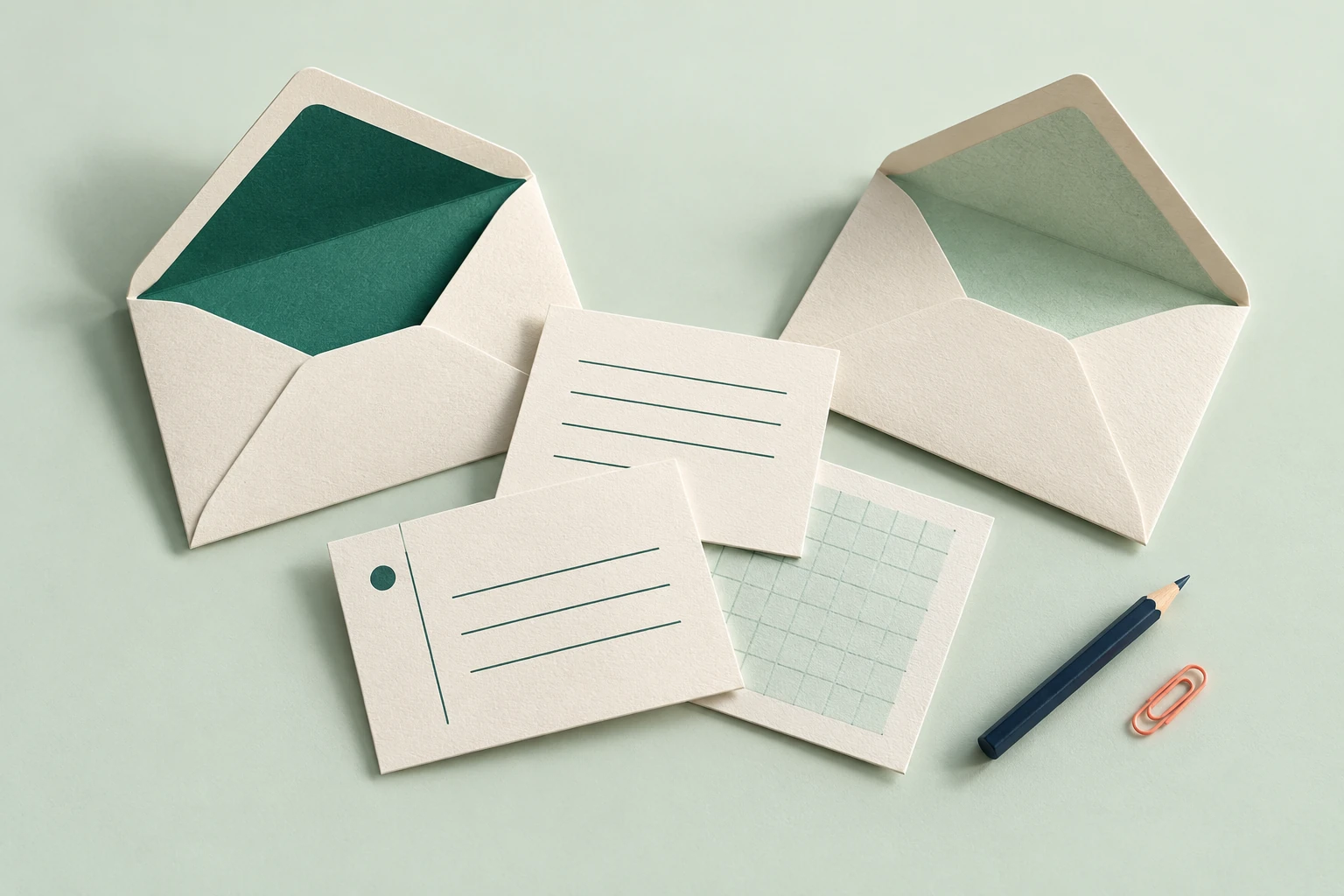 Paper envelopes and handwritten-style note cards arranged on a calm sage desk.